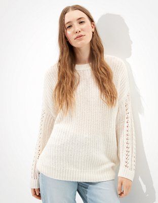 AE Oversized Pointelle Sleeve Crew Neck Sweater | American Eagle Outfitters (US & CA)