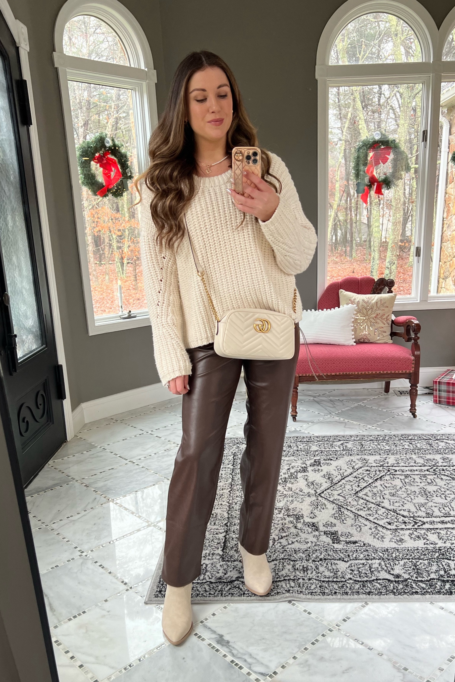 These leather pants are on sale for $15! RUN! 

neutral outfit, SAHM outfits, SAHM looks, mom outfits, millennial outfits, over 30 style, casual style, casual look, easy outfits, over 30 mom outfits, casual outfits, everyday style, everyday looks, everyday outfits, simple outfit, affordable style, affordable fashion, affordable outfit, vanilla girl, vanilla girl aesthetic, neutral looks, neutral style, neutral outfit, leather pants, white sweater, Gucci bag, western booties 

#LTKsalealert #LTKfindsunder50 #LTKstyletip