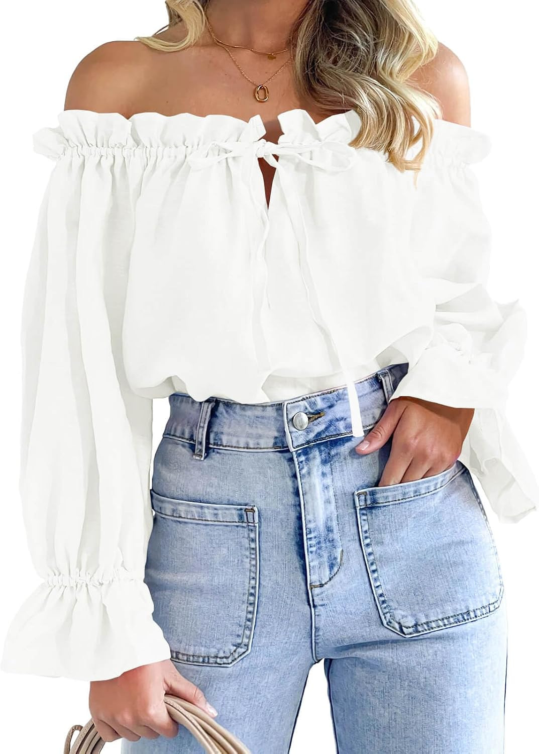 Imily Bela Womens Off the Shoulder Tops Puff Long Sleeve Ruffle Blouse | Amazon (US)