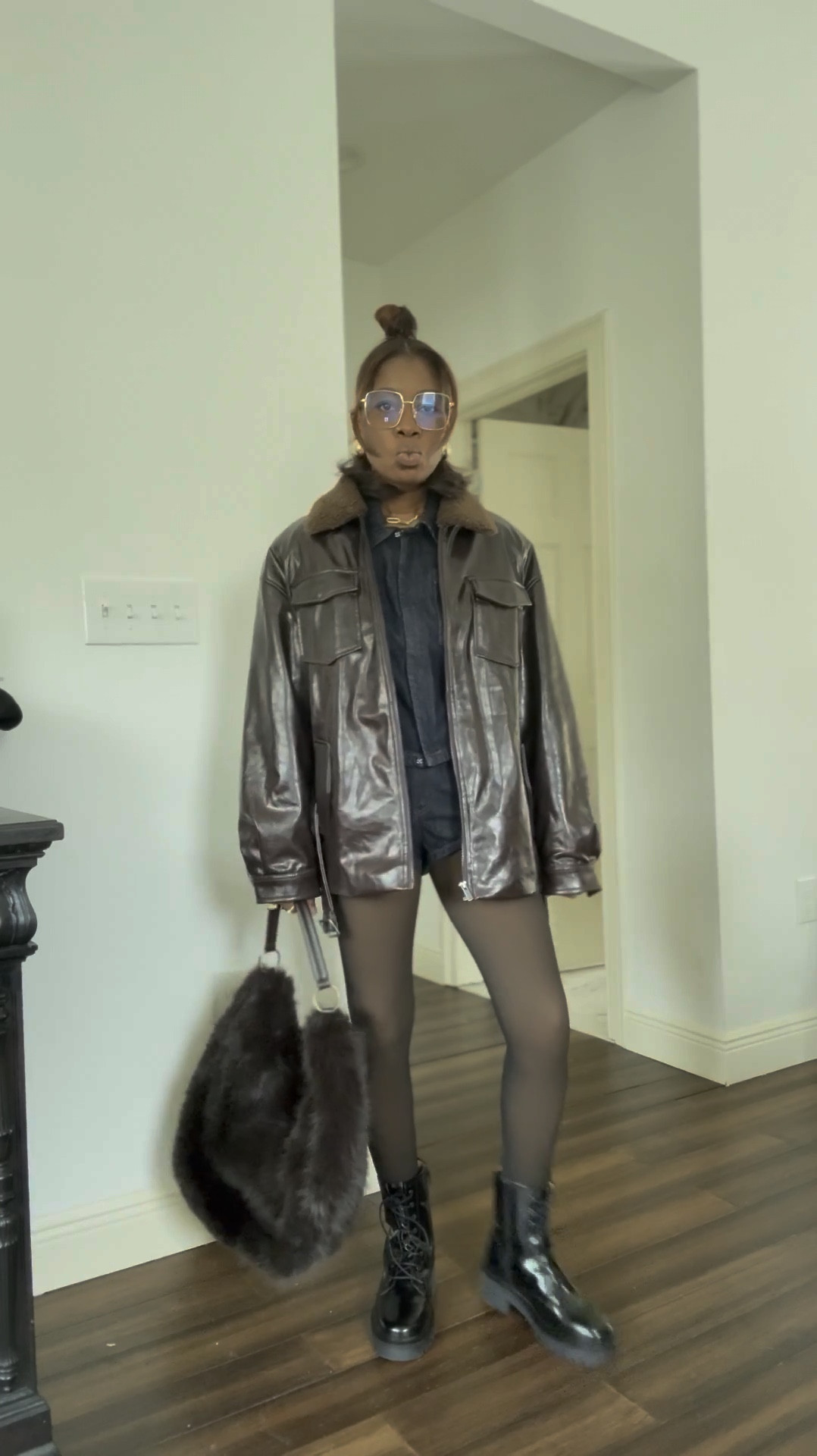 Denim matching outfit with black winter boots fur bag and leather jacket with fur collar 

#LTKCyberWeek #LTKSaleAlert #LTKootd