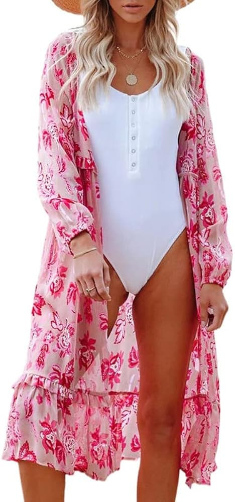 Dokotoo Womens Beach Cover Ups Long Sleeve Open Front Ruffle Trim Floral Boho Lightweight Summer ... | Amazon (US)