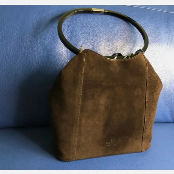 Used Vintage Gucci Brown Ring Handle suede handbag. Inside zipped pocket. | Poshmark