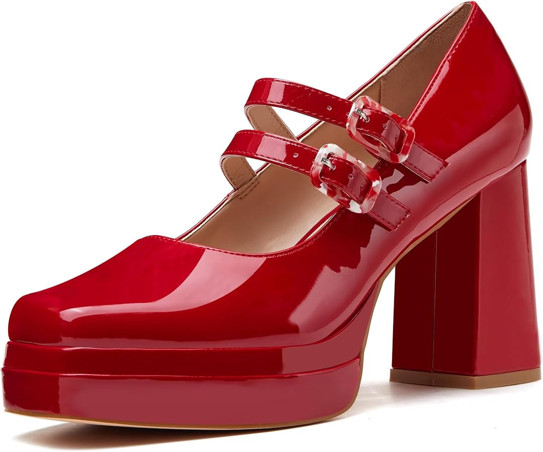 Coutgo Women's Platform Mary Jane Pumps Two Strap Square Toe Chunky Block Heel Sandals Party Shoe... | Amazon (US)