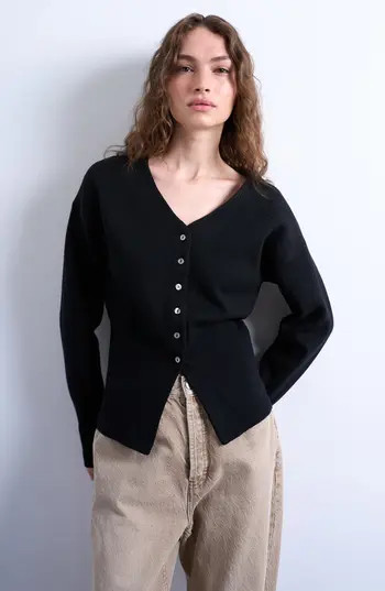 Topshop V-Neck Fitted Waist Cardigan in Black at Nordstrom Rack, Size Medium | Nordstrom Rack