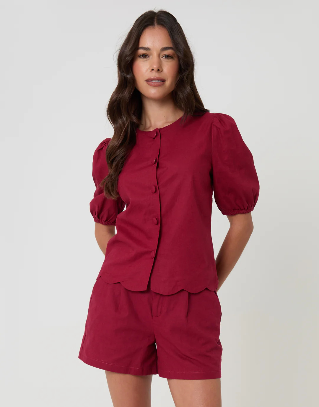 Linen Blend Puff Sleeve Top in Red | Threadbare UK