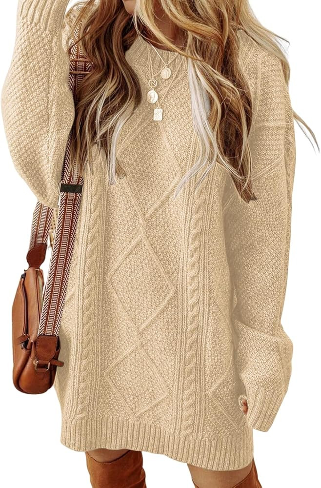 ZAFUL Women's Cable Knit Sweater Dress Long Sleeve Loose Crew Neck Pullover Tunic Mini Sweater Dr... | Amazon (US)