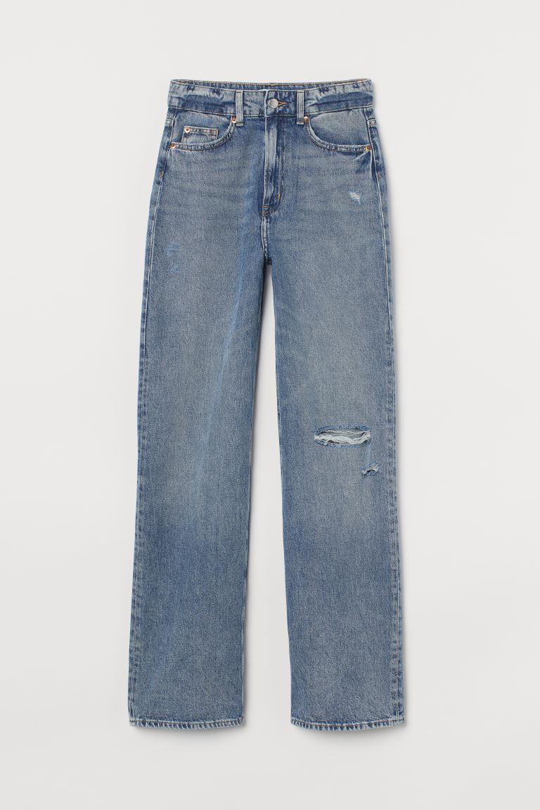 Slightly looser-fit, 5-pocket jeans in washed cotton denim with distressed details. High waist an... | H&M (US + CA)