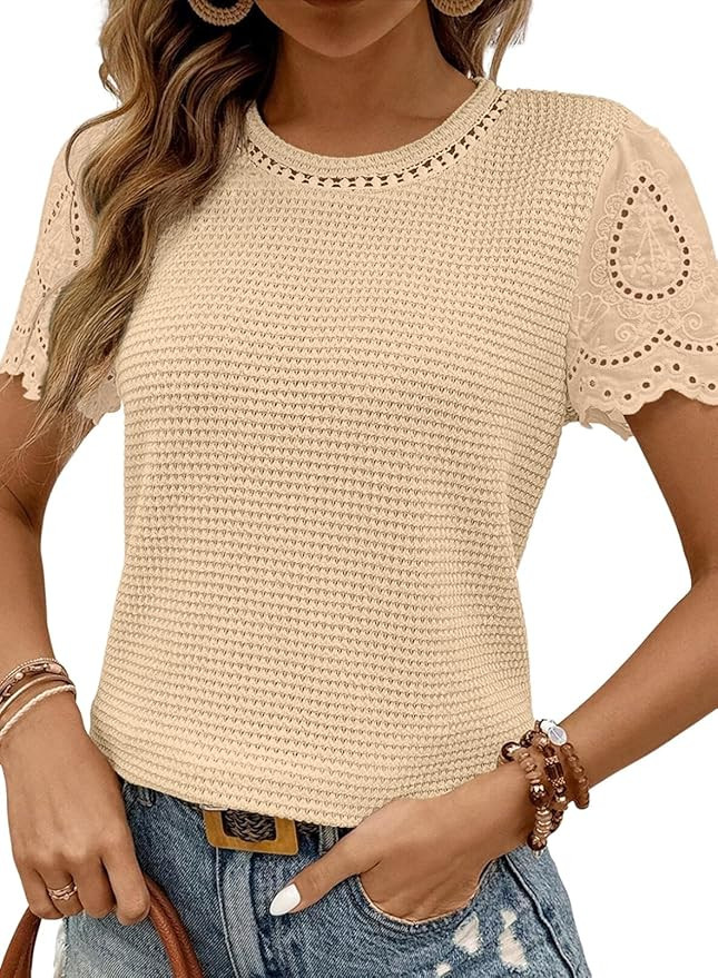 SHEWIN Womens Frenchy Summer Tops Crewneck Short Sleeve T Shirts Casual Waffle Knit Jacquard Blou... | Amazon (US)