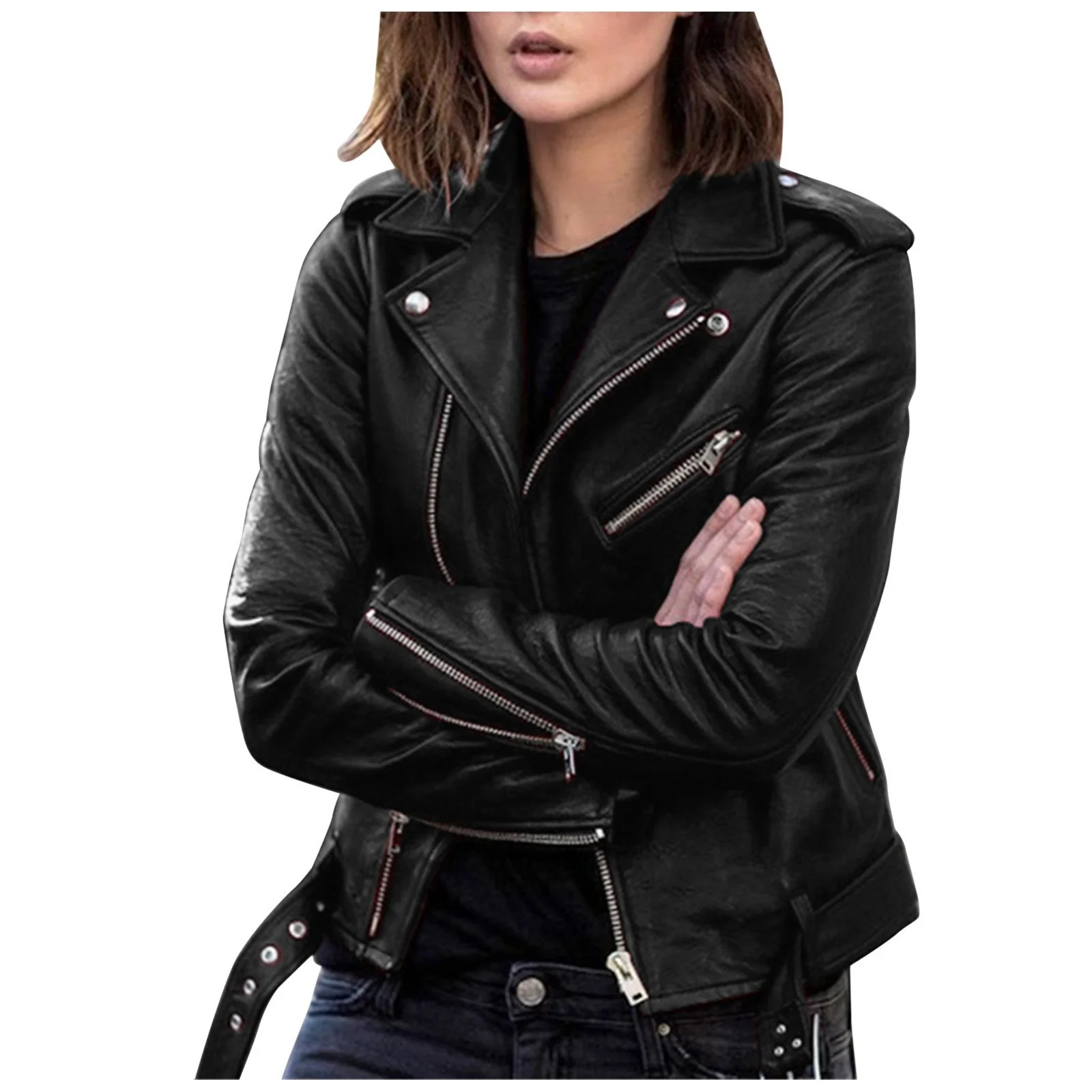 GDREDA Faux Leather Jacket For Women Crop Short Cropped PU Slim Zip Up Moto Biker Coat Motorcycle... | Walmart (CA)
