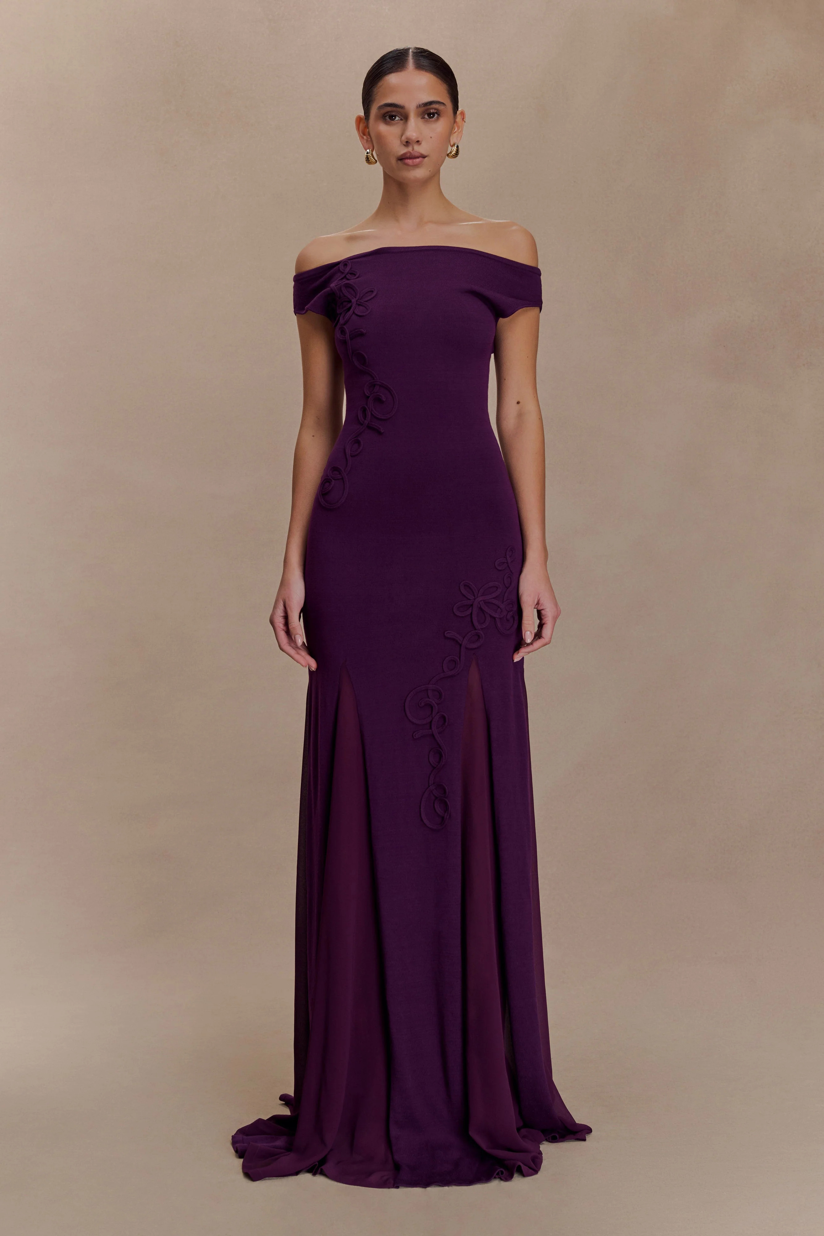 Nesta Embroidery Off Shoulder Knit Dress - Plum | MESHKI US