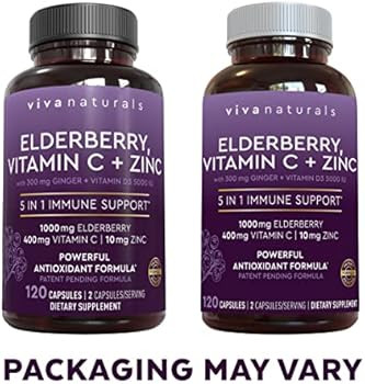 Viva Naturals Sambucus Elderberry with Vitamin C, Zinc, Vitamin D3 5000 IU & Ginger (120 Capsules... | Amazon (US)