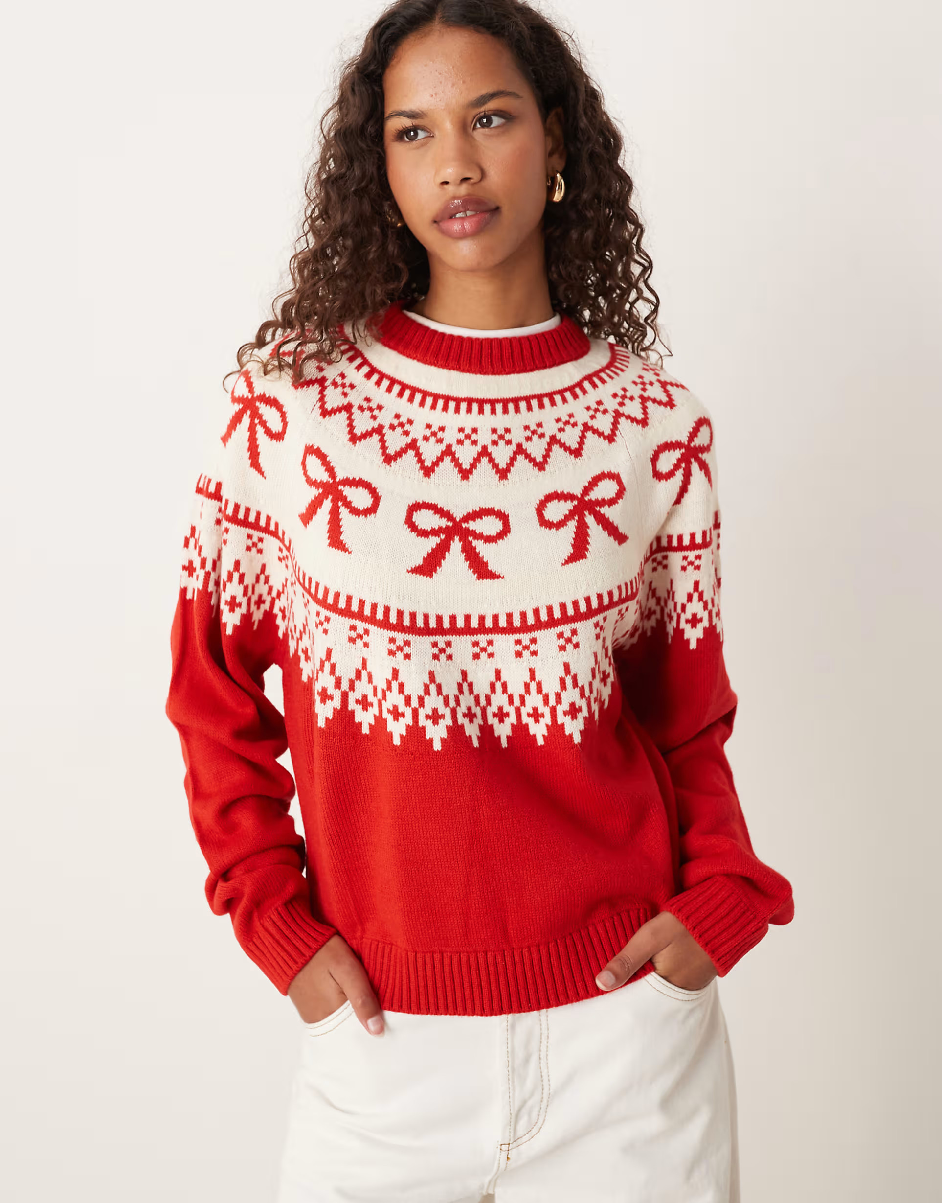 ASOS DESIGN bow pattern yoke fairisle jumper in red | ASOS (Global)