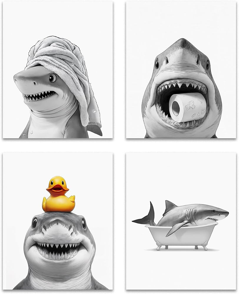OFJE Funny Shark Bathroom Wall Art Decor Prints Set of 4, Wild Animal Shark Posters Pictures Wall... | Amazon (US)