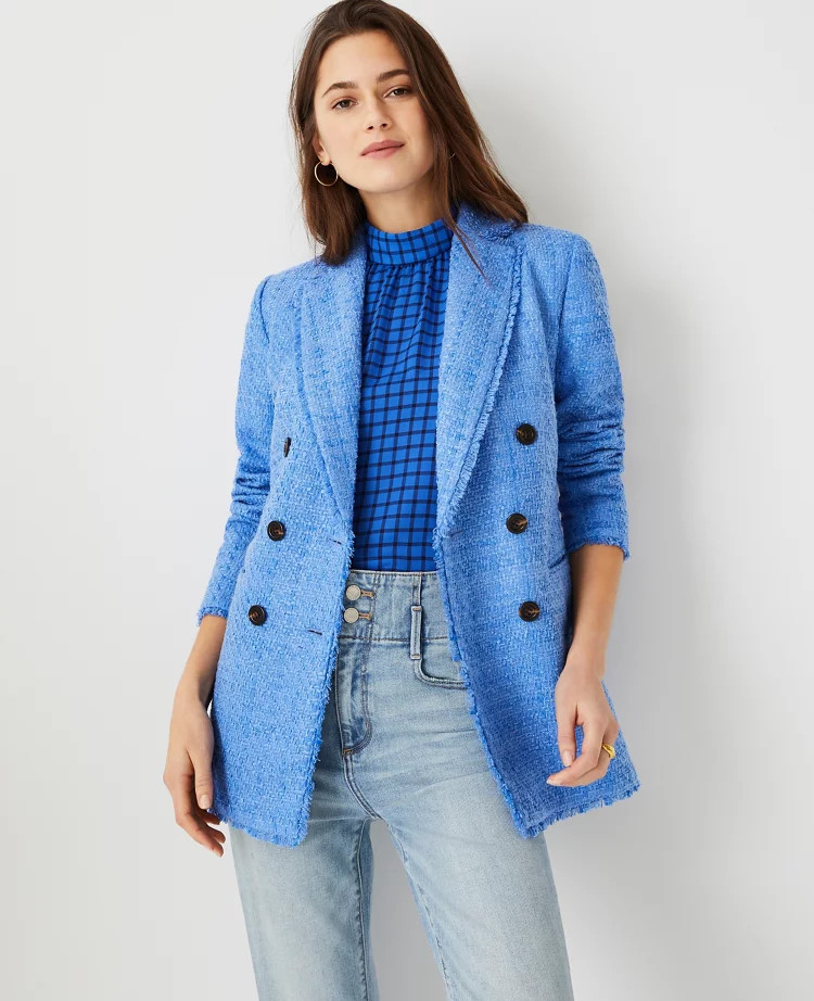 Fringe Tweed Double Breasted Blazer | Ann Taylor (US)