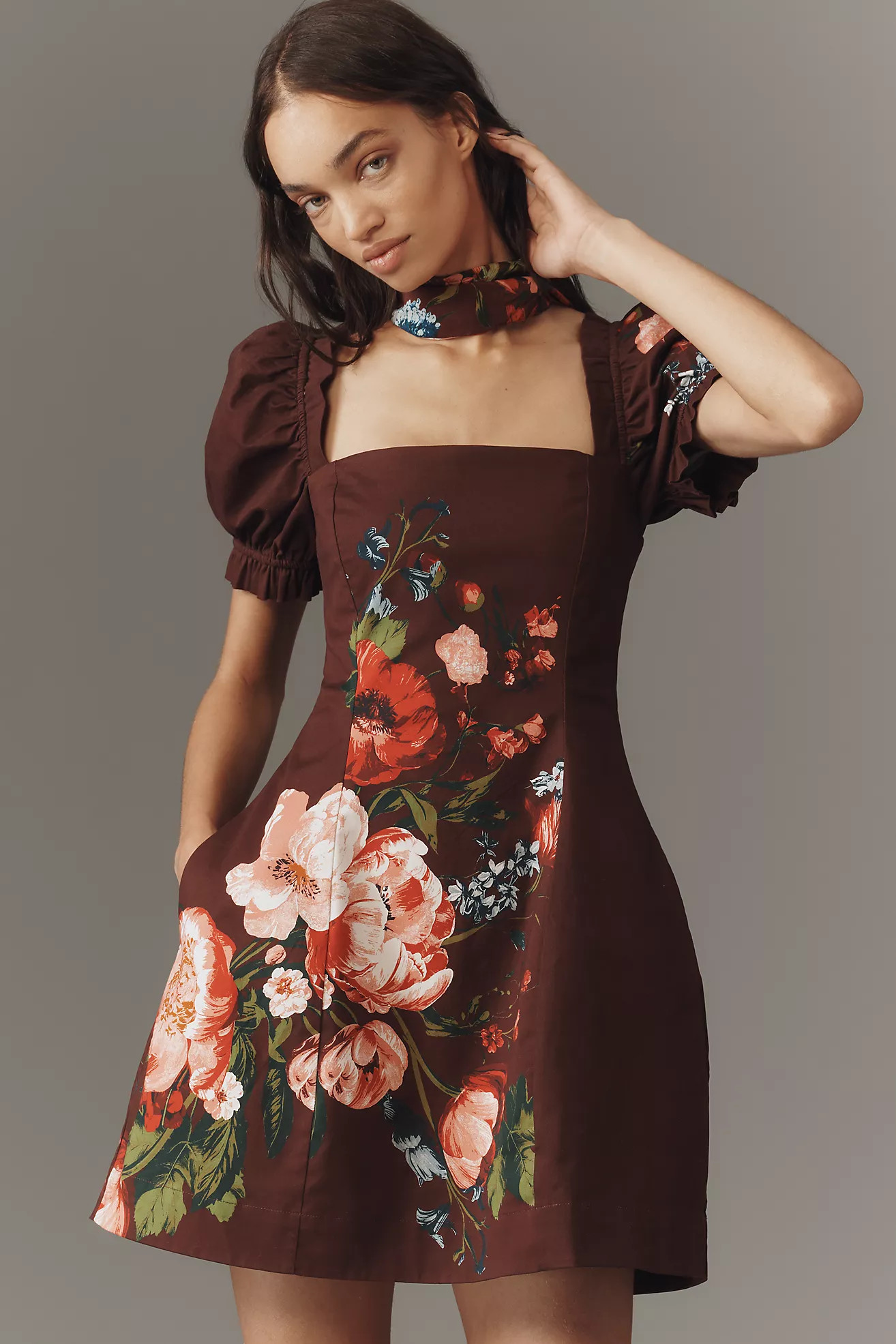 Maeve Puff-Sleeve Square-Neck Floral Mini Dress | Anthropologie (US)