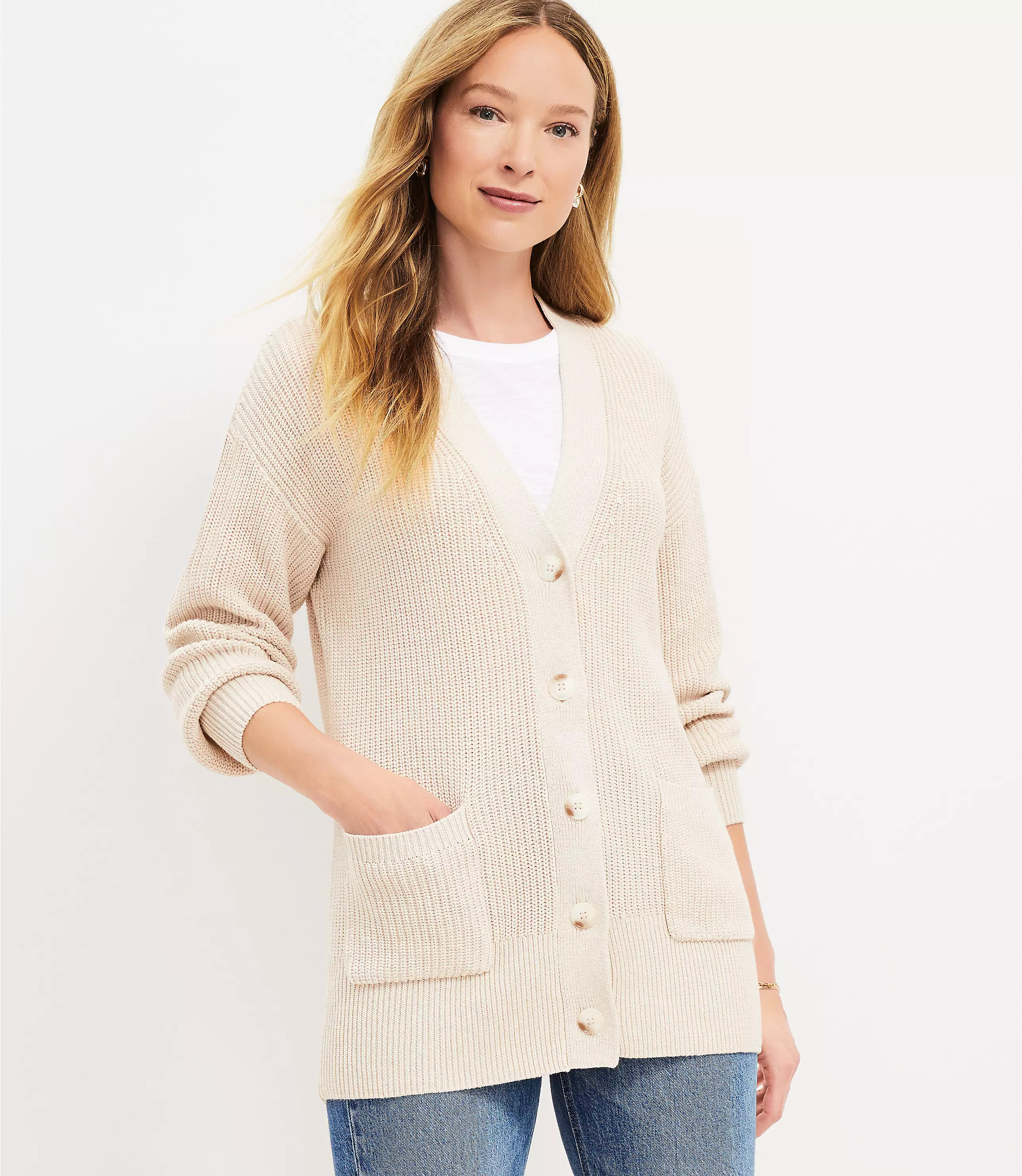 Ribbed Pocket V-Neck Cardigan | LOFT