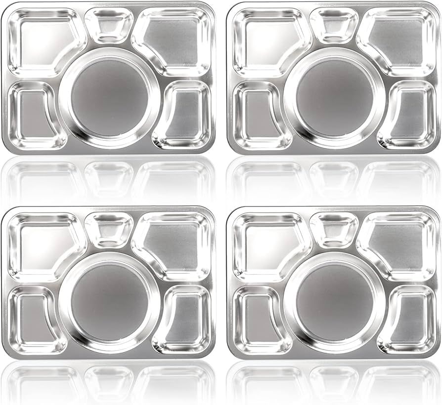 Hacaroa 4 Pack Stainless Steel Divided Plate, 15x10.6 Inches Dinner Snack Serving Plate with 6 Co... | Amazon (US)