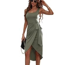 SheIn Women's Wrap Tie Side Scoop Neck Bodycon Midi Dress Sleeveless Asymmetrical Tank Dresses | Amazon (US)
