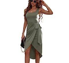 SheIn Women's Wrap Tie Side Scoop Neck Bodycon Midi Dress Sleeveless Asymmetrical Tank Dresses | Amazon (US)