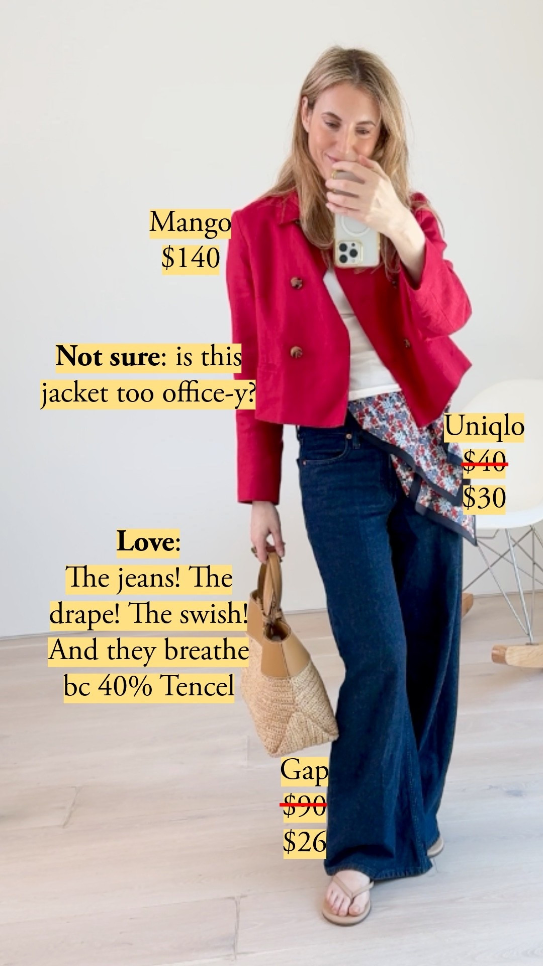 These Gap wide-leg jeans are down to $26! I paid full price, and it was worth it. 40% Tencel for a breathable drape in summer heat – sized down to 25 from my usual 26. Paired with a Mango red linen-mix cropped jacket, Uniqlo silk scarf on an Amazon stretch belt, and a Pamela Munson straw tote.
#LTKstyletip #LTKsalealert #LTKsummer #gapjeans #mangojacket #tenceldenim #silkscarf #strawtote

#LTKootd #LTKSaleAlert