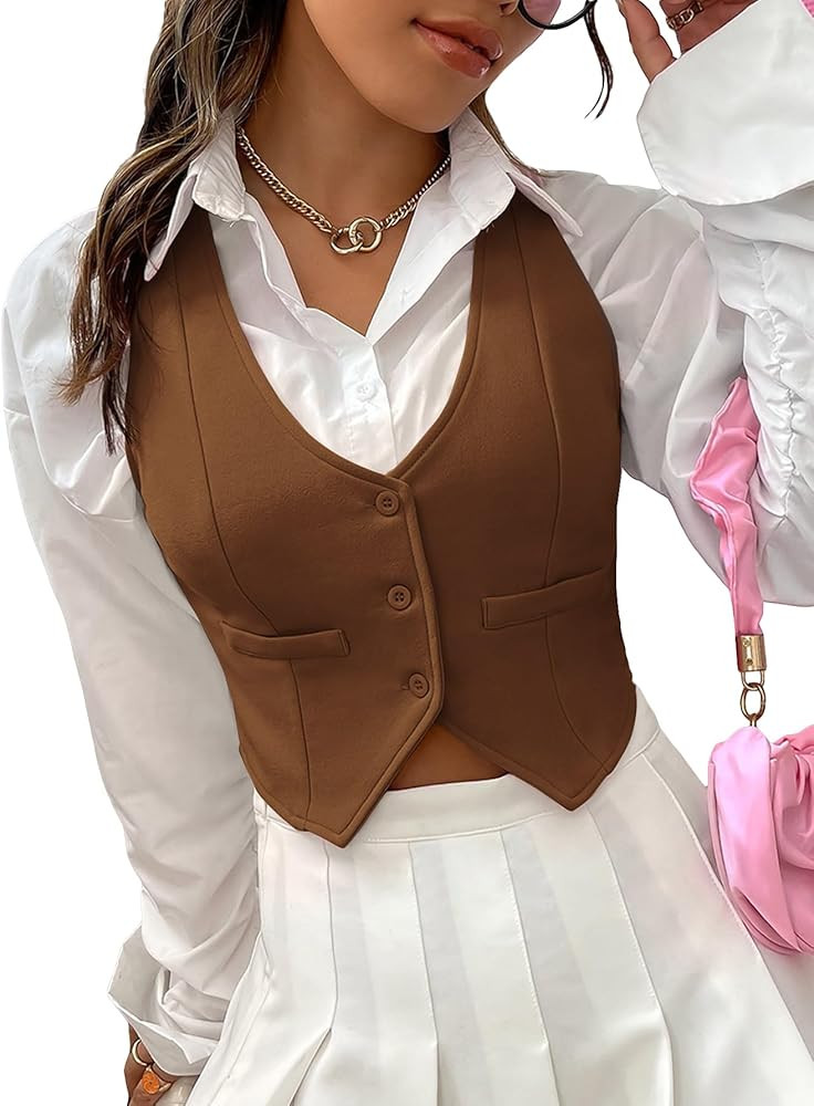 SweatyRocks Women's Solid Button Front Crop Waistcoat V Neck Sleeveless Blazers | Amazon (US)