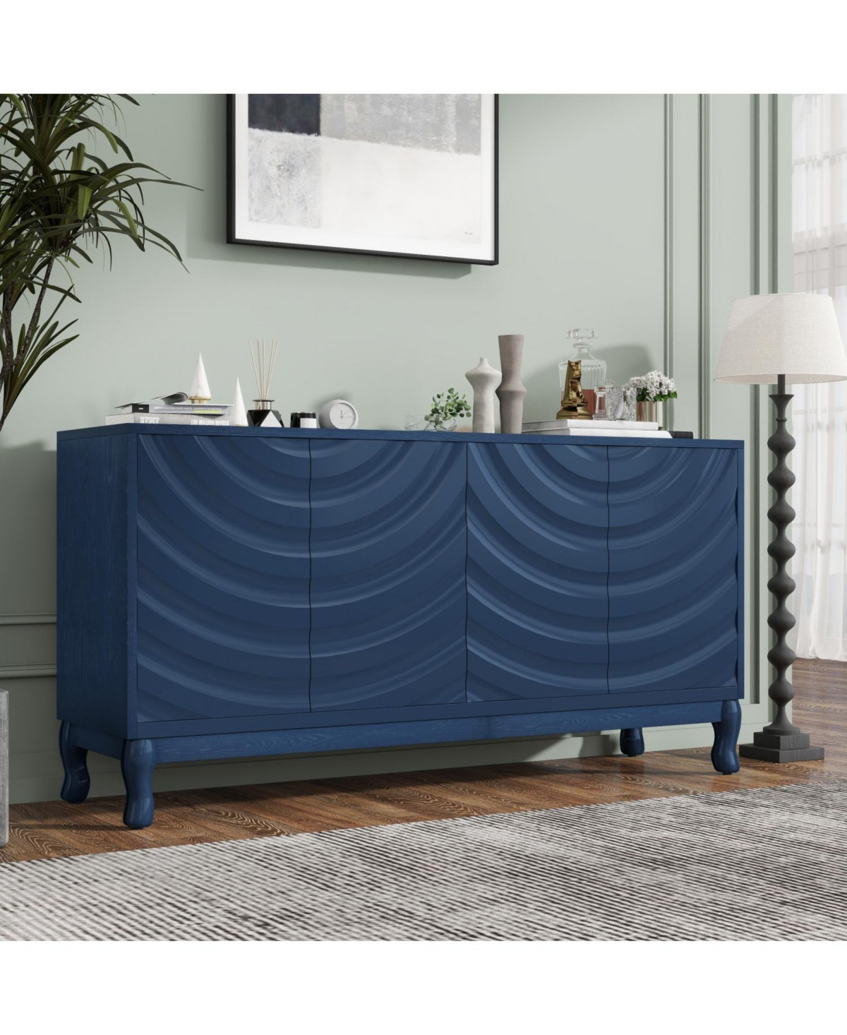 Navy Blue Sideboard with Wavy Doors & Arched Groove Design - Navy blue | Macy's