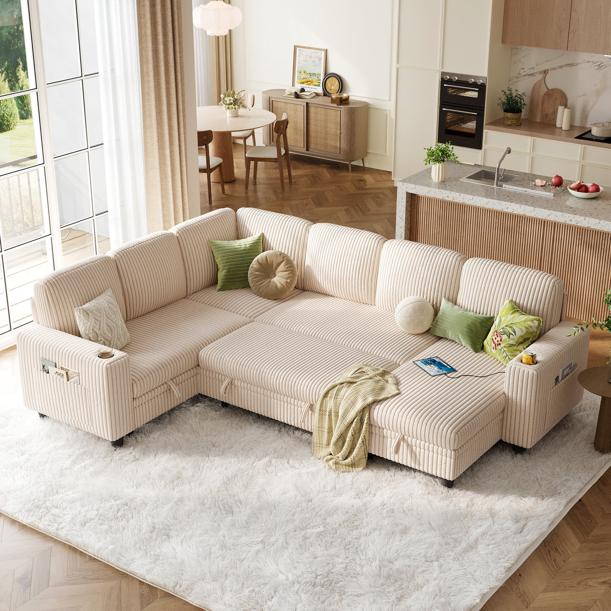 Linsy Home Storage Sectional Sleeper Sofa with Pull Out Bed, 7 Seat Modular Sectional Sofa with w... | Walmart (US)