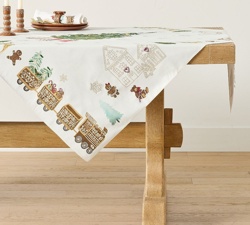 Gingerbread Train Embroidered Table Throw - Snow White | Pottery Barn (US)
