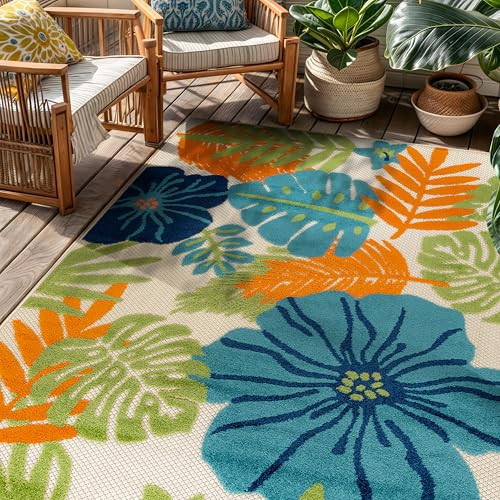 Rugshop Indoor/Outdoor High-Low Textured Area Rug, Tropical Floral, Easy-Clean Patio Rug for Porch Deck Balcony 4' x 6' Beige/Multi | Amazon (US)