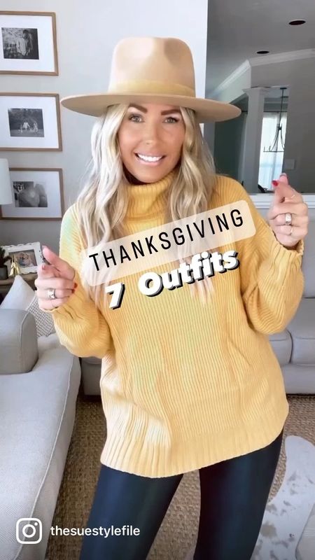 7 thanksgiving outfits. 
1. Leggings fits TTS l, wearing M. Turtleneck sized up 2 sizes to a XL. 
2. Sized up 2 sizes to XL
3. Jogger set fits TTS, wearing medium. White tee- fits TTS l, wearing M.
4. Sweater sized up 2 sizes to XL
5. Sized up 2 sizes to XL
6.same outfit as 5 just different shoes
7. Sized up to a large button down. 

#LTKSeasonal #LTKCyberweek #LTKHoliday