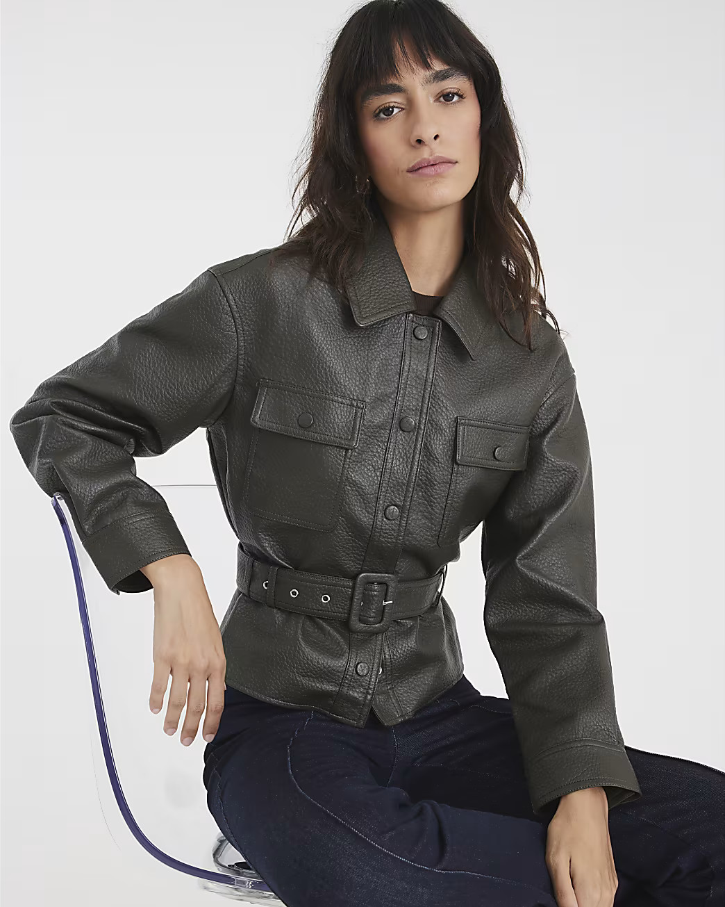 Khaki Faux Leather Belted Long Sleeve Shacket | River Island UK & IE