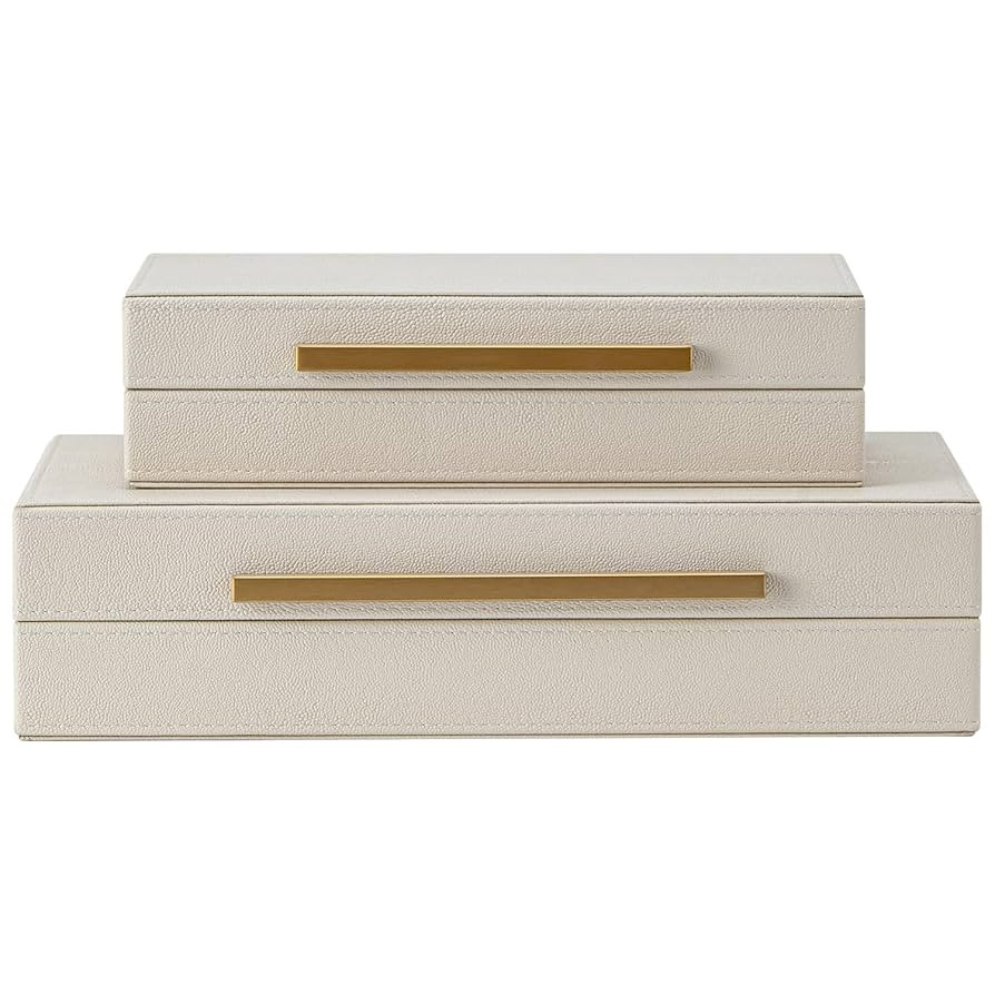 Set of 2 Beige Shagreen Decorative Storage Boxes with Gold Metal Handles – Faux Leather Jewelry... | Amazon (US)