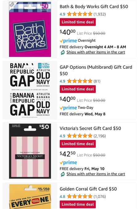 Save on $50 gift cards!
Amazon lightning deals
Gap
Victoria’s Secret
Bath & body works
Sale
Gift guide

#LTKFindsUnder50 #LTKSaleAlert #LTKGiftGuide