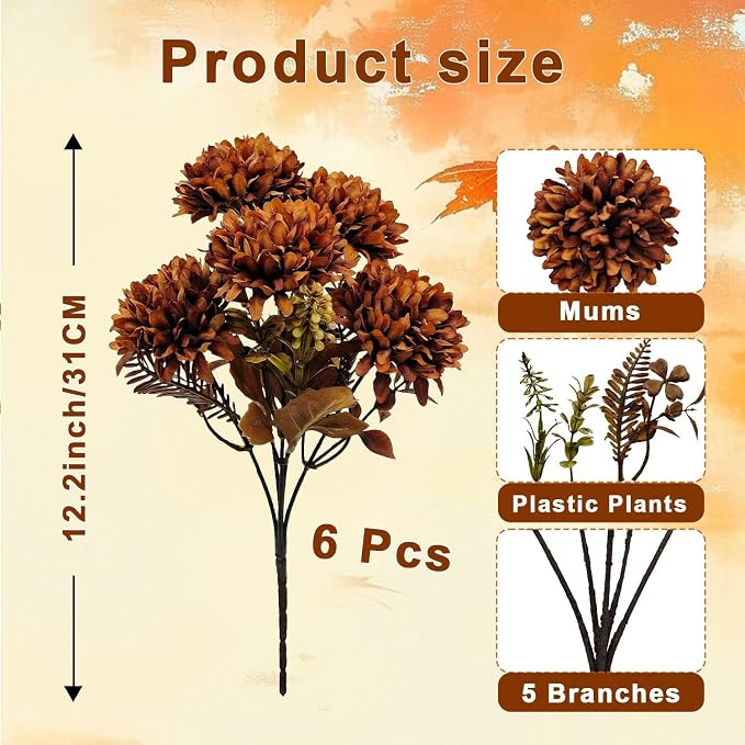 6 Bundles Artificial Fall Mums Flowers Fake Silk Chrysanthemums Faux Fall Floral Bouquet Arrangem... | Amazon (US)