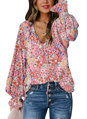 Biucly Womens Casual Floral Print Boho Clothes Loose Long Sleeve V Neck Button Down Shirts Tunic Spring Tops Blouses for Women Fashion 2025,US 4-6(S),Flower Red | Amazon (US)