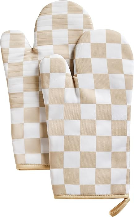 Beige Checkered Oven Mitts Heat Resistant, Vintage Retro Checkerboard Cute Oven Mitts, Non-Slip S... | Amazon (US)