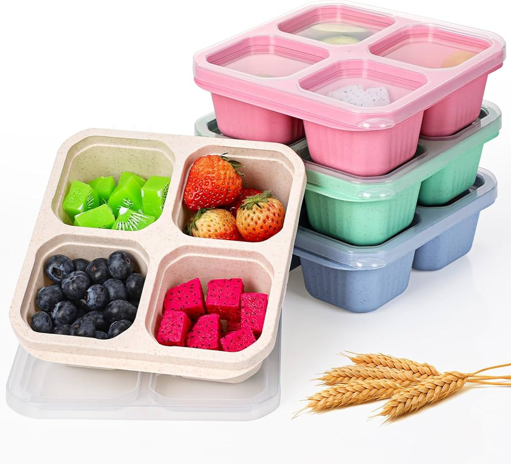 Moretoes Snack Containers, 4 Pack 4 Compartment Snack Bento Boxes with Clear Lids, Wheat Straw Lu... | Amazon (US)