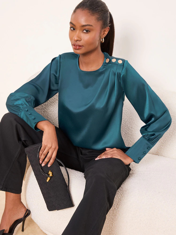 Lipsy Teal Blue Satin Button Shoulder Detail Blouse | Next US