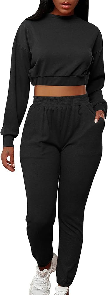 Mizoci Women's 2 Piece Outfits Workout Tracksuit Long Sleeve Crop Top Jogger Pants Set | Amazon (US)