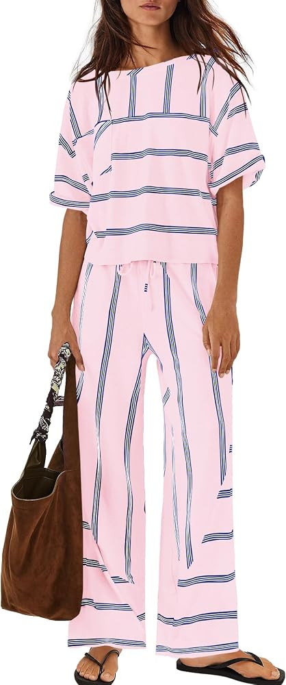 Nirovien Womens Striped Lounge Set 2 Piece Vacation Sets Short Sleeve Tops and Wide Leg Pants Tra... | Amazon (US)