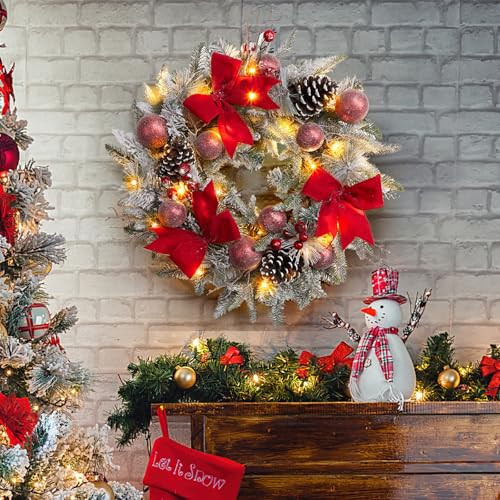 24 in Pre-Lit Christmas Wreath for Front Door, Artificial Christmas Wreath with Bow Ribbon, Pinecones, Berries and Ball Ornaments, Battery Operated 30 Led Lights Xmas Wreath for Home Decor | Amazon (US)