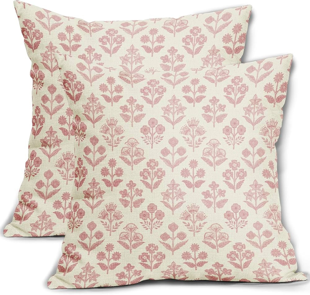 Amazon.com: Pink Floral Pillow Covers 18x18 Inch Set of 2, Vintage Flower Block Print Pattern Dec... | Amazon (US)