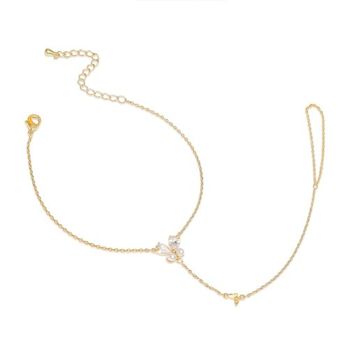 BXDA Gold Hand Chain Ring Bracelets for Woman, Dainty Rhinestone CZ Pearl Butterfly Chain Finger Ring Slave Bracelet Adjustable Summer Beach Jewelry Gifts. | Amazon (US)