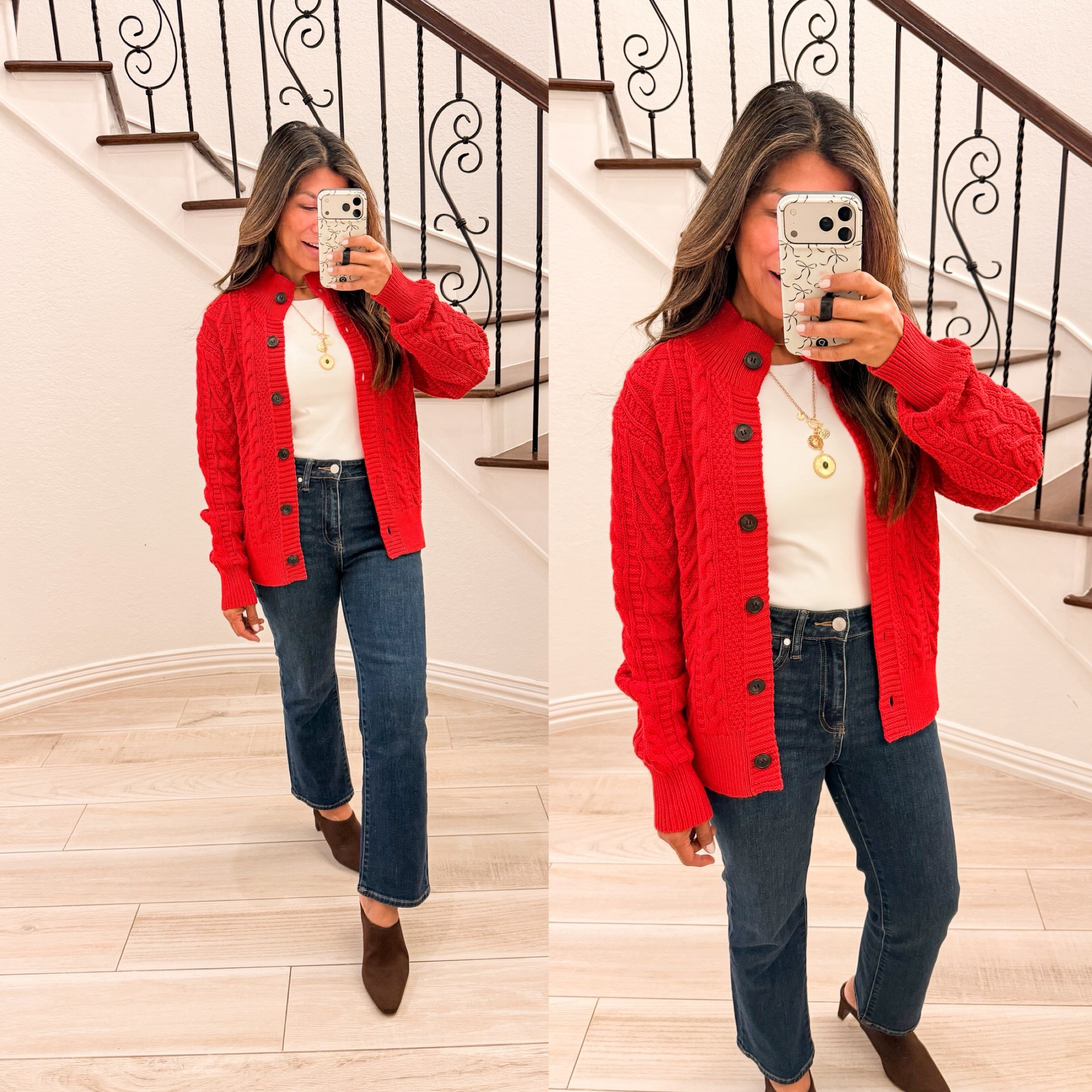I’m 5’2” 118#ish for reference 
Red cardigan in small.
Bootcut jeans fit tts size
Shoes fit tts. 

Fall outfits, casual outfits,over 50 style, midlife fashion, petite fashion,midlife women, affordable fashion, fashion over40