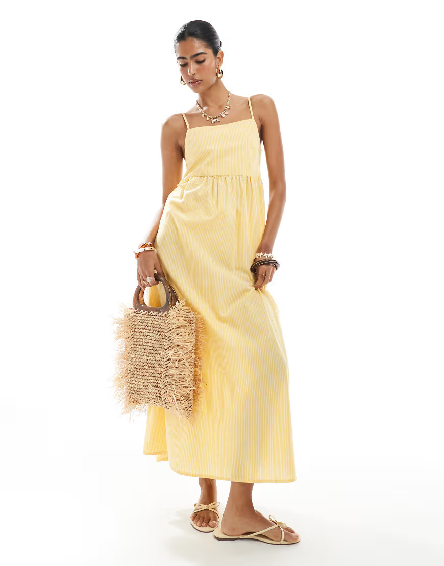 Pieces cami midi dress in pale yellow stripe | ASOS (Global)