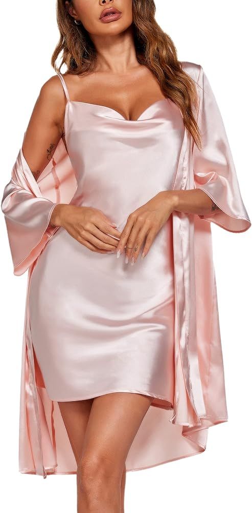 Ekouaer Women's Satin Robe Set Nightgown with Robes Silk Pajama Set 2 Pieces Lingerie Cowl Neck C... | Amazon (US)