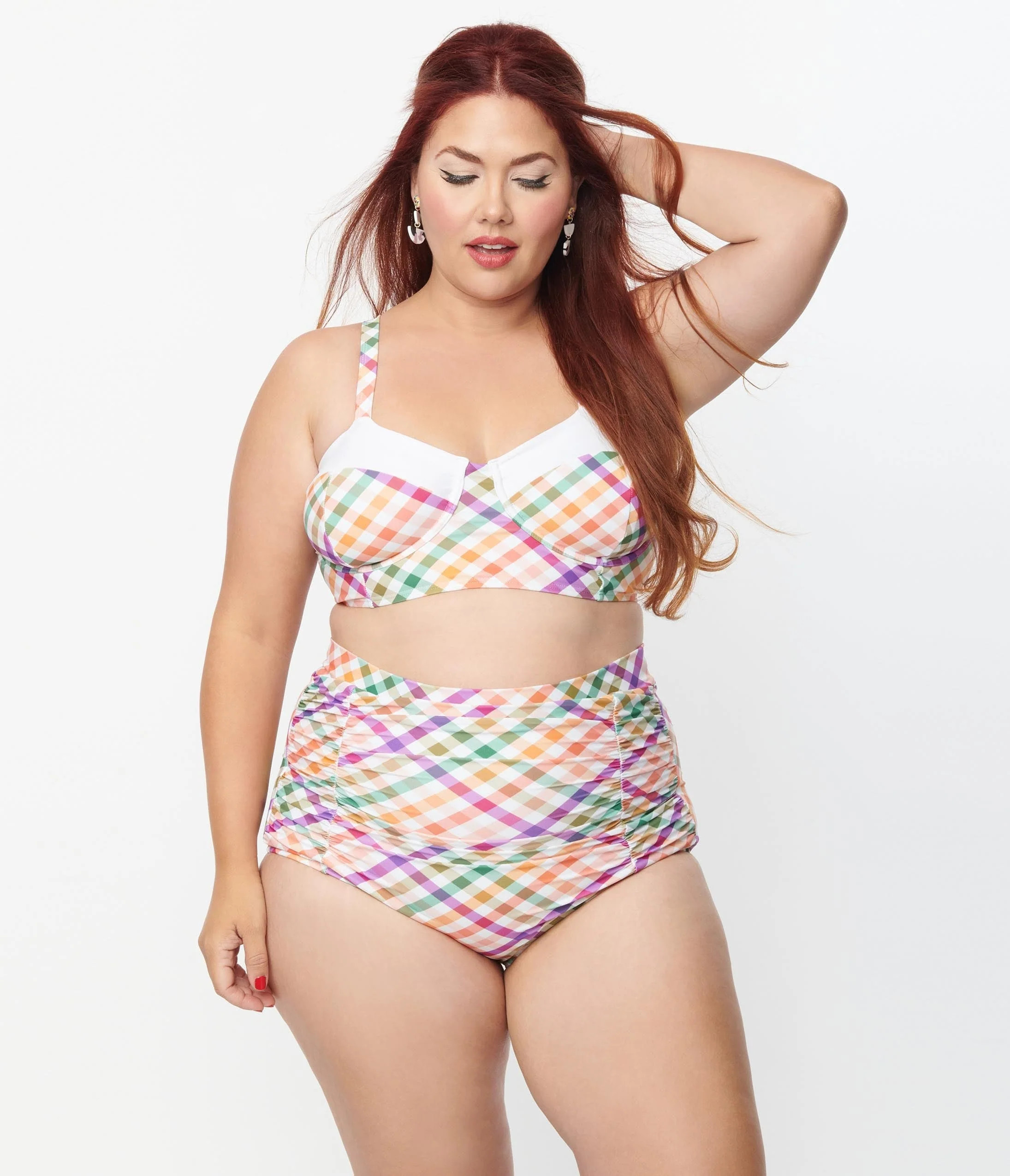 Unique Vintage Plus Size Pastel Madras Gingham Marlene Crop Swim Top | UniqueVintage
