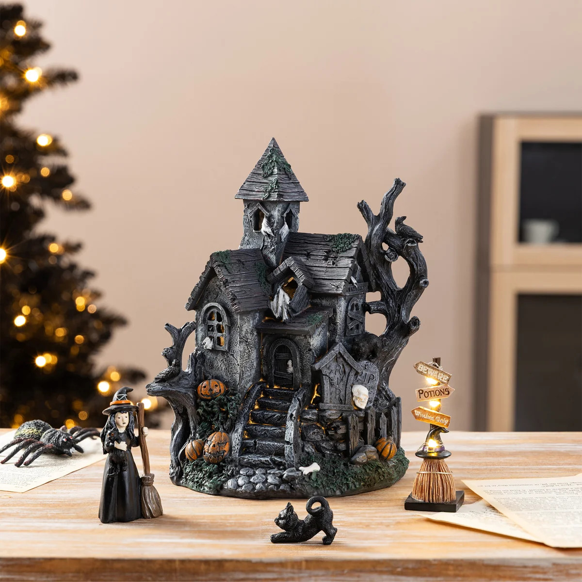 4-Piece Halloween Lighted Resin Haunted House Set with Timer (Set of 4) | Wayfair North America