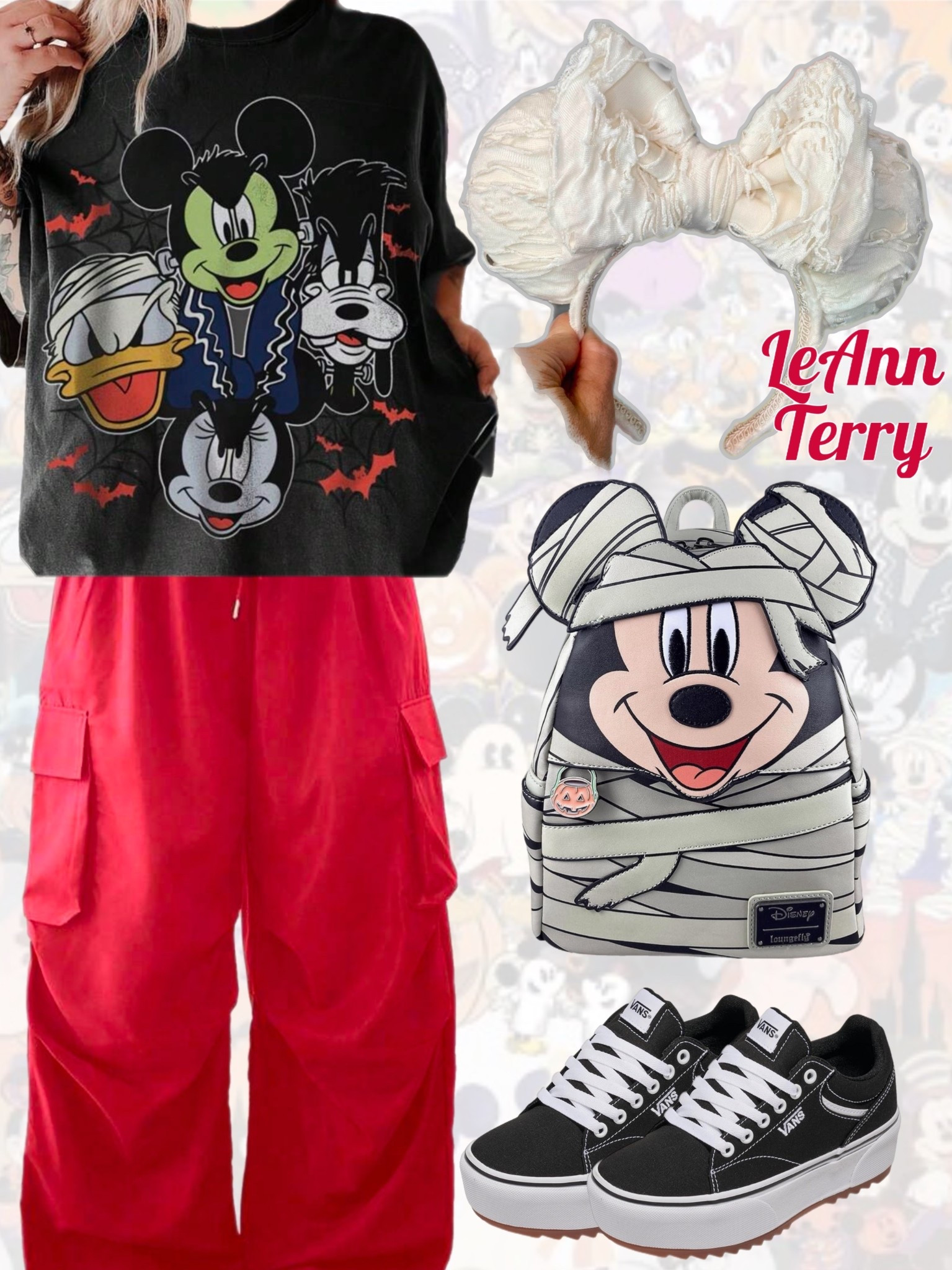 Spooky season but make it Disney 🎃🖤 This Halloween-ready look is perfect for park days or just adding a little magic to your fall style! Loving the mix of bold colors, comfy vibes, and Mickey’s mummy cuteness. 🕸️✨

🛍️ Shop the look:
👕 Halloween Disney graphic tee
🎒 Mickey mummy backpack
👖 Red wide-leg cargo pants
🎀 Cream statement hair bow
👟 Black &amp; white platform Vans

#DisneyStyle #DisneyOutfit #DisneyOOTD #DisneyParksStyle #SpookySeason #DisneyHalloween #DisneyMagic #MickeyMouse #DisneyStreetStyle #DisneyFit #DisneyFashion #LTKFinds #LTKStyle #LTKFall #LTKUnder50