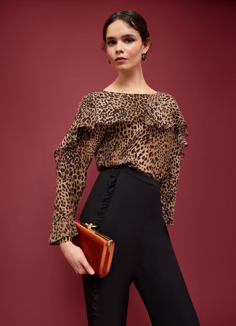 Edith Brown Animal Print Frill Detail Top | L.K. Bennett (UK)